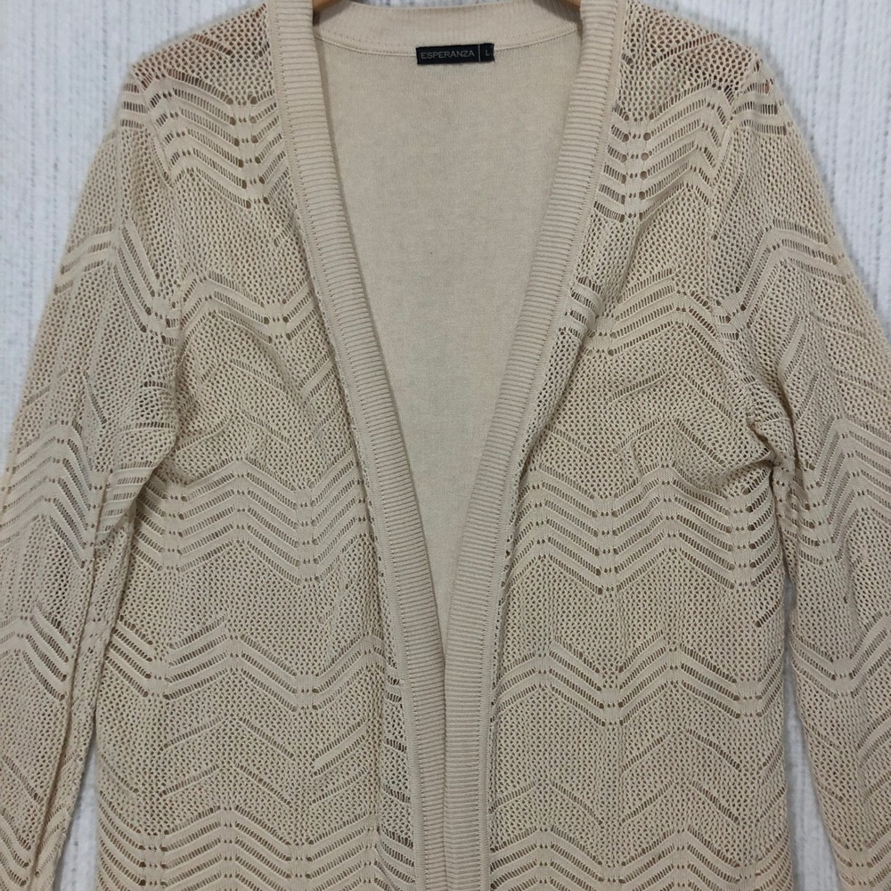 Esperanza Beige Cotton Pointelle Chevron Open Front‎ Longline Cardigan Large